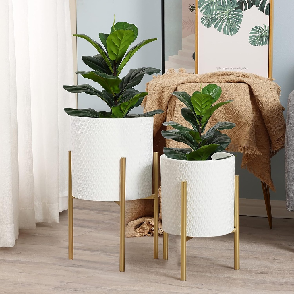 Textured planter on metal stand, white/gold large