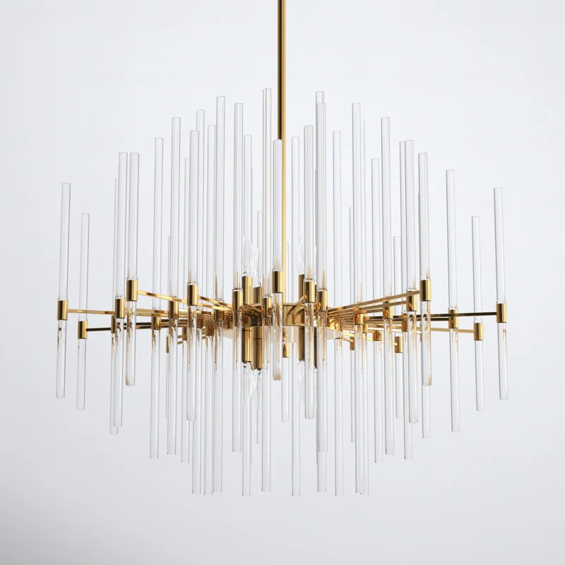 8 - LIGHT DIMMABLE GEOMETRIC CHANDELIER GOLD AND CRYSTAL