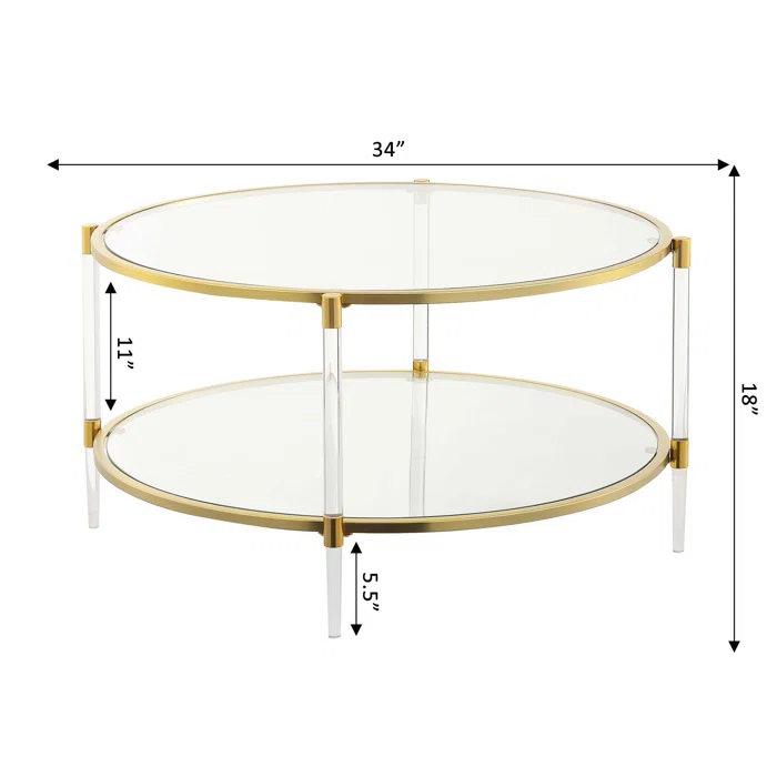 34" TWO TIER ACRYLIC GLASS COFFEE TABLE - GOLD