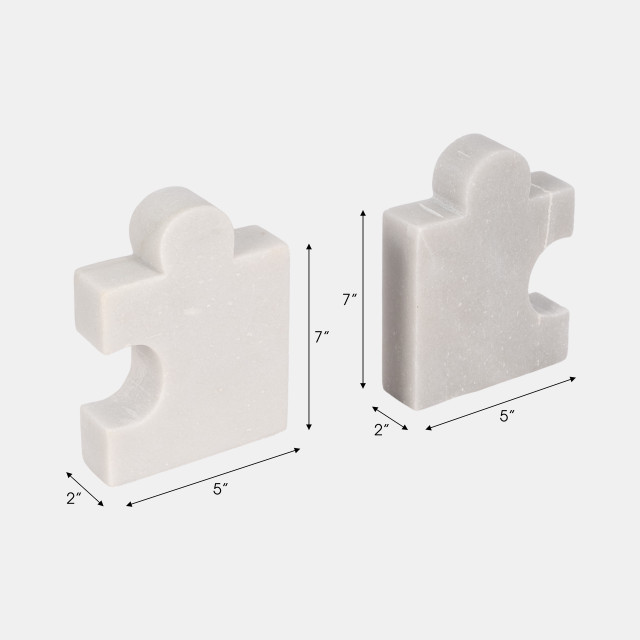 MARBLE, S/2 5" PUZZLE PIECE BOOKENDS, WHITE