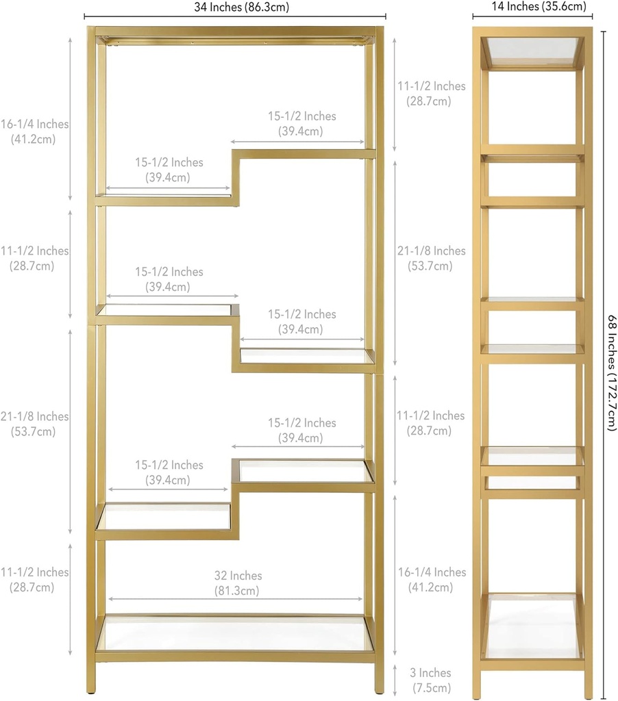 68X34" RECTANGULAR BOOKCASE IN BRASS WITH TEMPERED GLASS