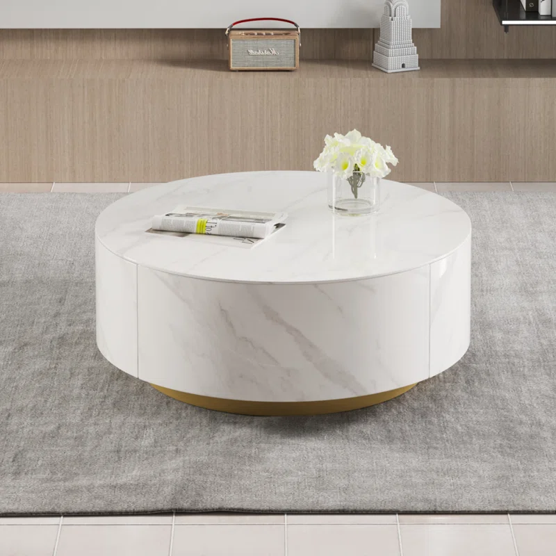 ROUND MARBLE FINISH COFFEE TABLE WITH STORAGE