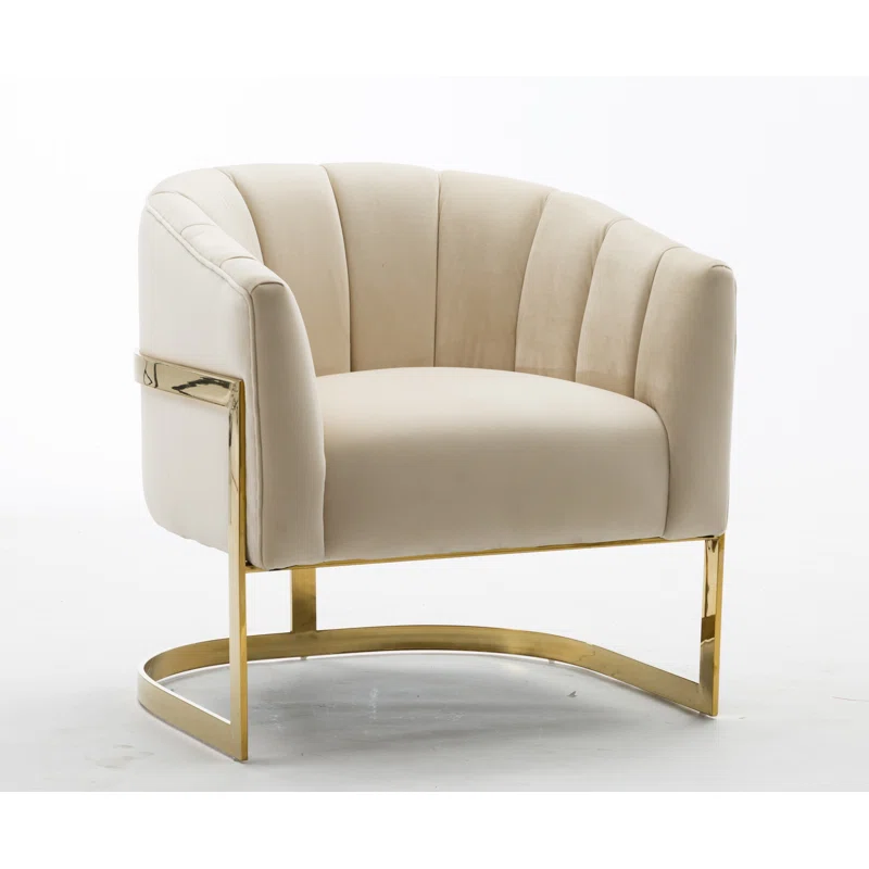 UPHOLSTERED IVORY FABRIC BARREL CHAIR WITH GOLD LEGS