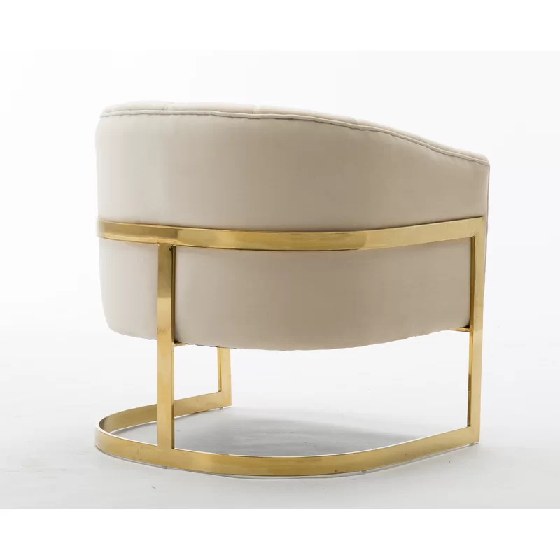 UPHOLSTERED IVORY FABRIC BARREL CHAIR WITH GOLD LEGS