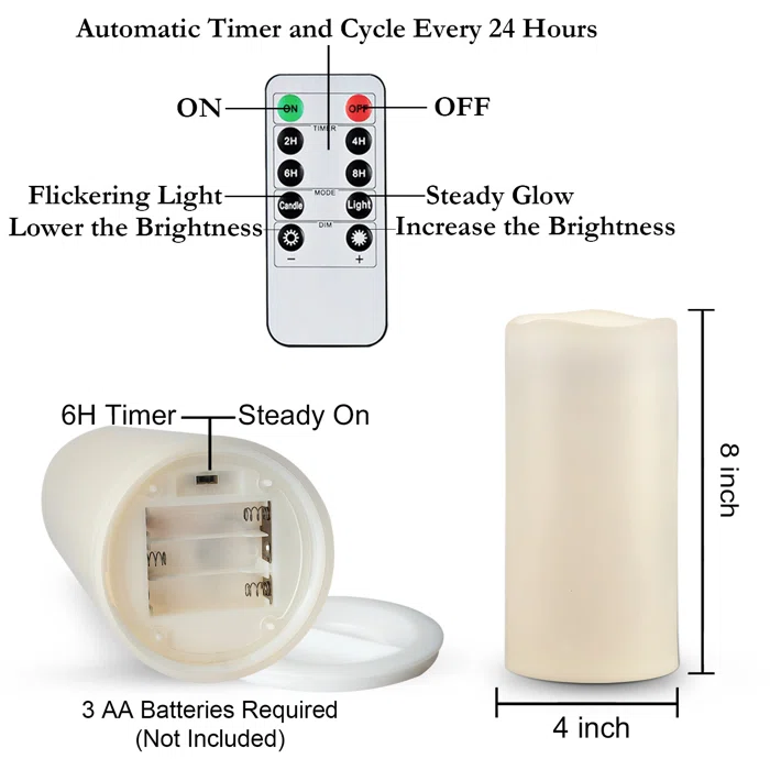 2 PIECE WATERPROOF OUTDOOR FLAMELESS PILLAS CANDLES WITH REMOTE AND TIMERS (WARM YELLOW LIGHT)-8" H x 4" W x 4" D