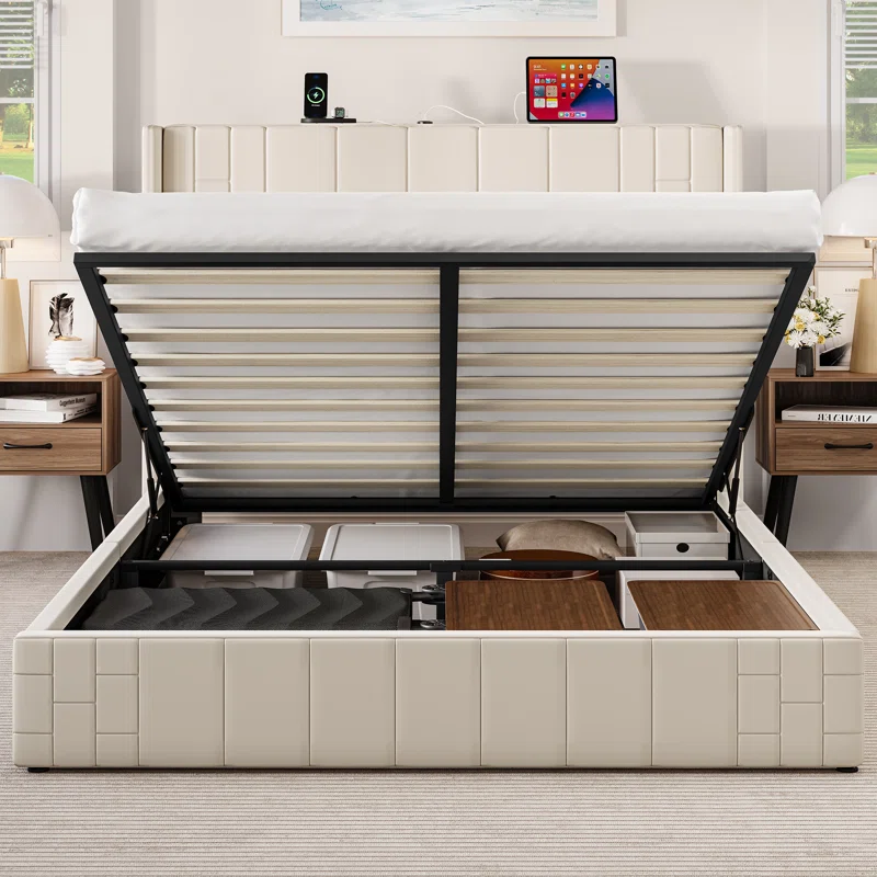 STORAGE PLATFORM BED WITH USB PORT (KING)-BEIGE 