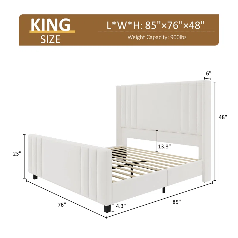  VELVET UPHOLHOLSTERED PLATFORM BED WITH VERTICAL CHANNEL TUFTED HEADBOARD-KING (CREAM)  