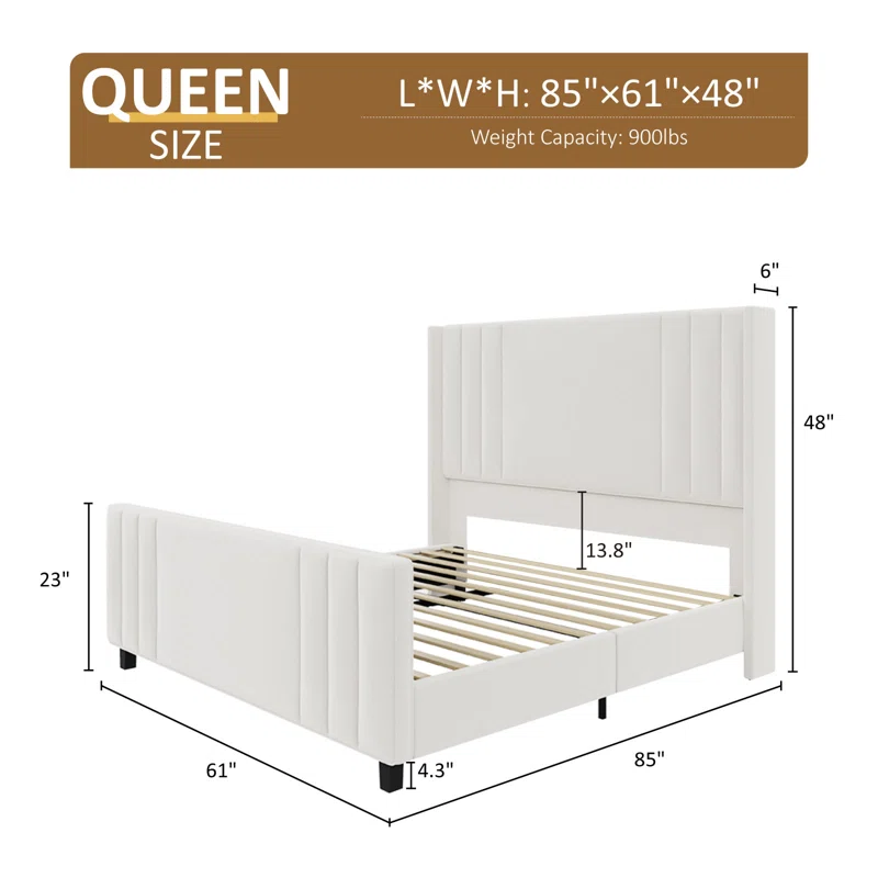  VELVET UPHOLHOLSTERED PLATFORM BED WITH VERTICAL CHANNEL TUFTED HEADBOARD-QUEEN (CREAM) 