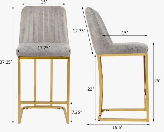 37.25" Gray Faux Leather Upholstered Stool with Gold Metal Frame 