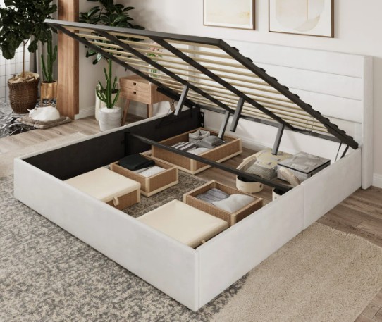 White Braya Hydraulic Storage Upholstered Platform Bed-King 
