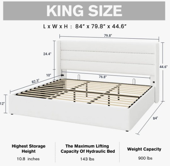 White Braya Hydraulic Storage Upholstered Platform Bed-King 