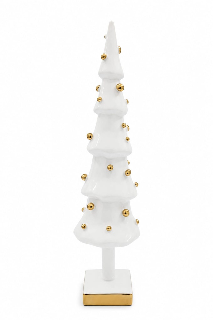 12" White Ceramic Christmas Tree W/ Gold Dots  