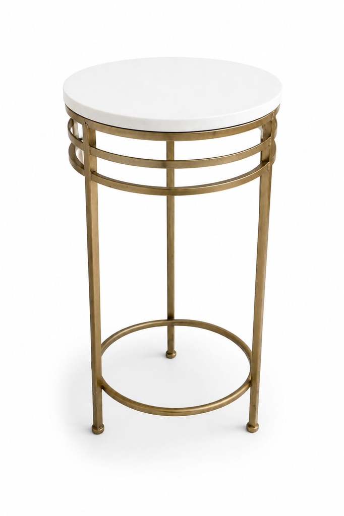 Marble Top Cylindrical side Table with Double Lined Gold Frame 