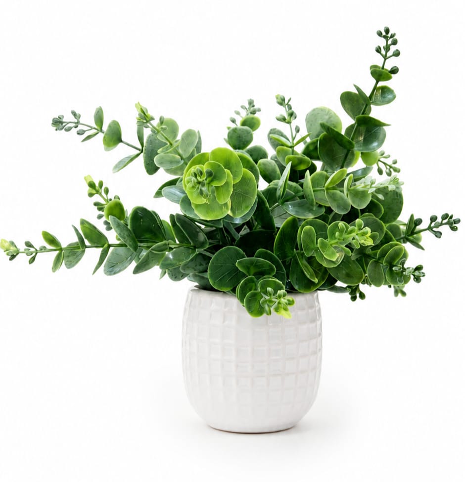 Faux Eucalyptus in Square Patterned Pot