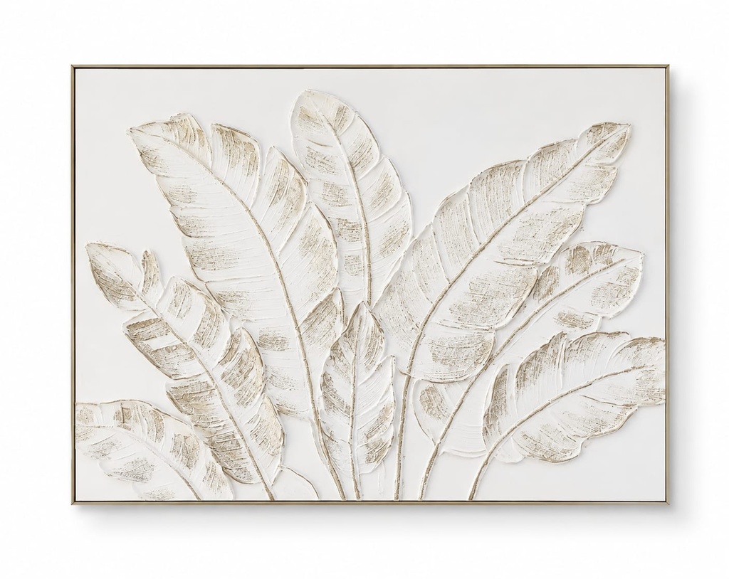 White Textured Leaf Painting with Gold Details
