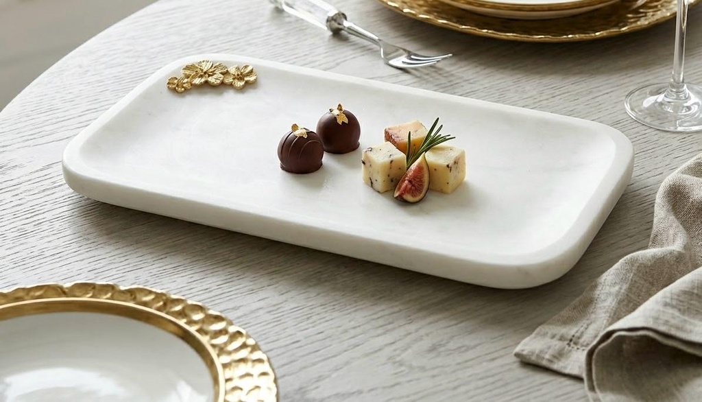 White Marble Tray with Gold Floral Details  