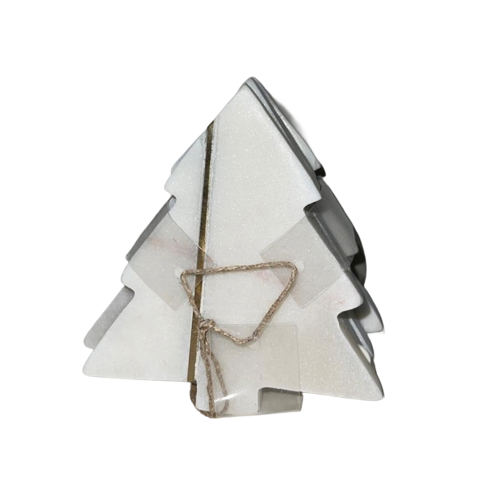 White Marble Christmas Tree Coasters with Gold Inlay (Set of 4)  