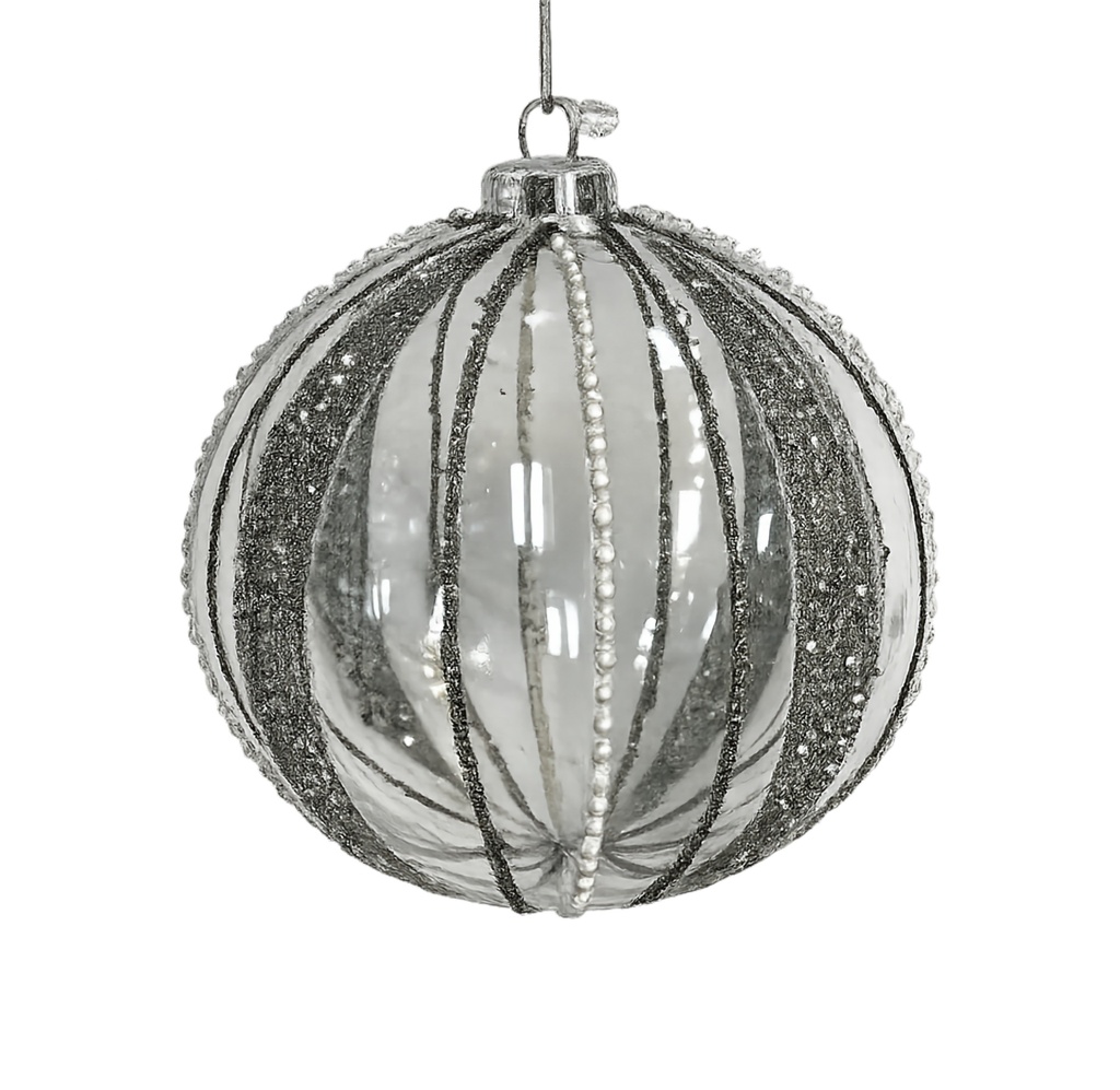 Silver Glitter Striped Glass Transparent Ornament  