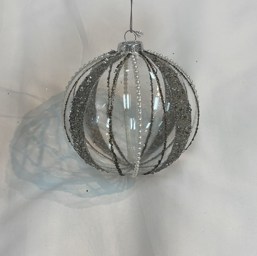 Silver Glitter Striped Glass Transparent Ornament  