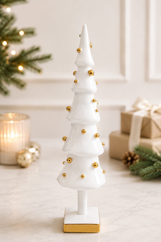12" White Ceramic Christmas Tree W/ Gold Dots  