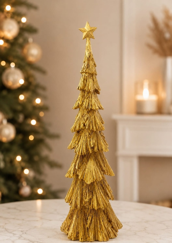 17" Hand Carve Metallic Gold Christmas Tree W/ Star  