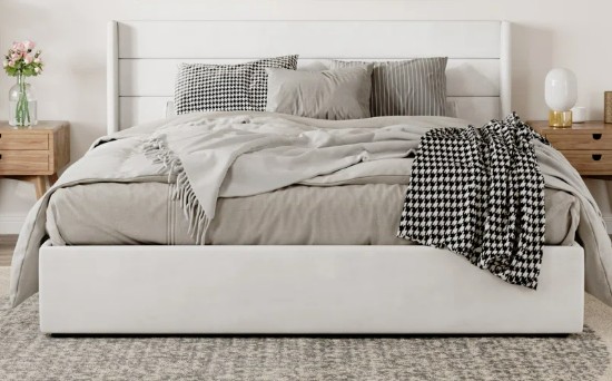 White Braya Hydraulic Storage Upholstered Platform Bed-Queen