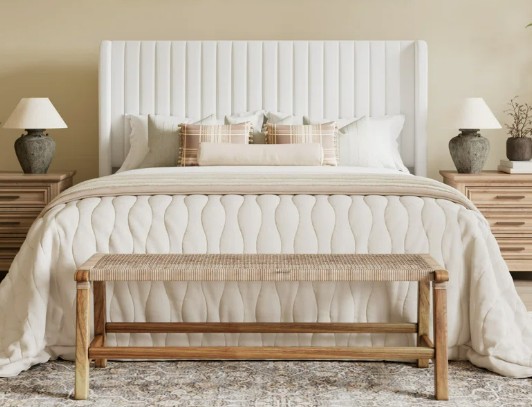 White Candler Velvet Upholstered Platform Bed with Wingback  Headboard- Queen 