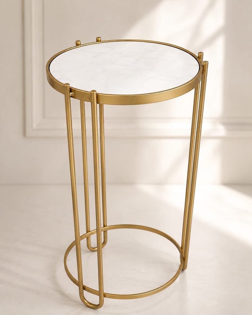 Marble Top Cylindrical Side Table with Gold Frame 