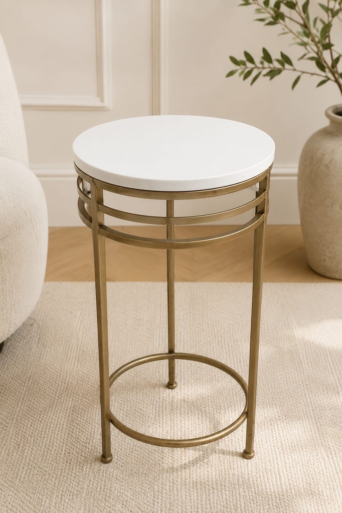 Marble Top Cylindrical side Table with Double Lined Gold Frame 