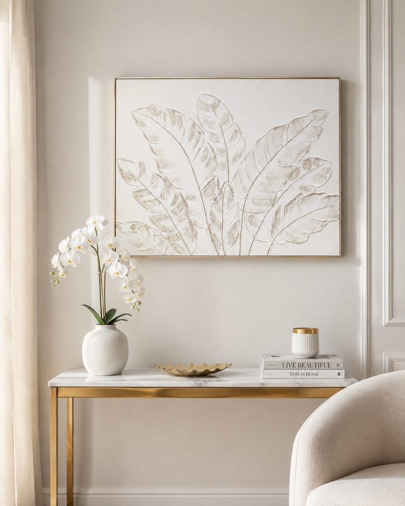 White Textured Leaf Painting with Gold Details