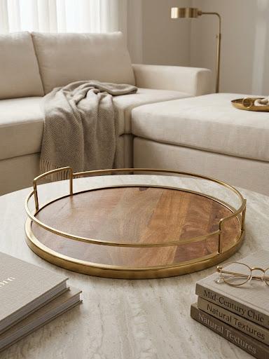 Gilded Rim Wood Base Round Tray 