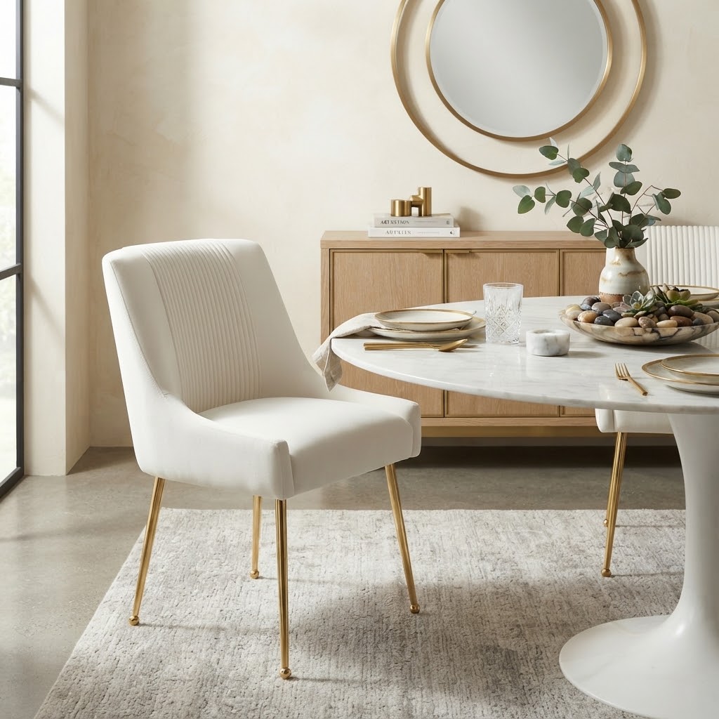 Pleated Detail Velvet Dining Chair with Gold Legs 