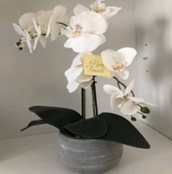 FAUX ORCHID IN GREY POT