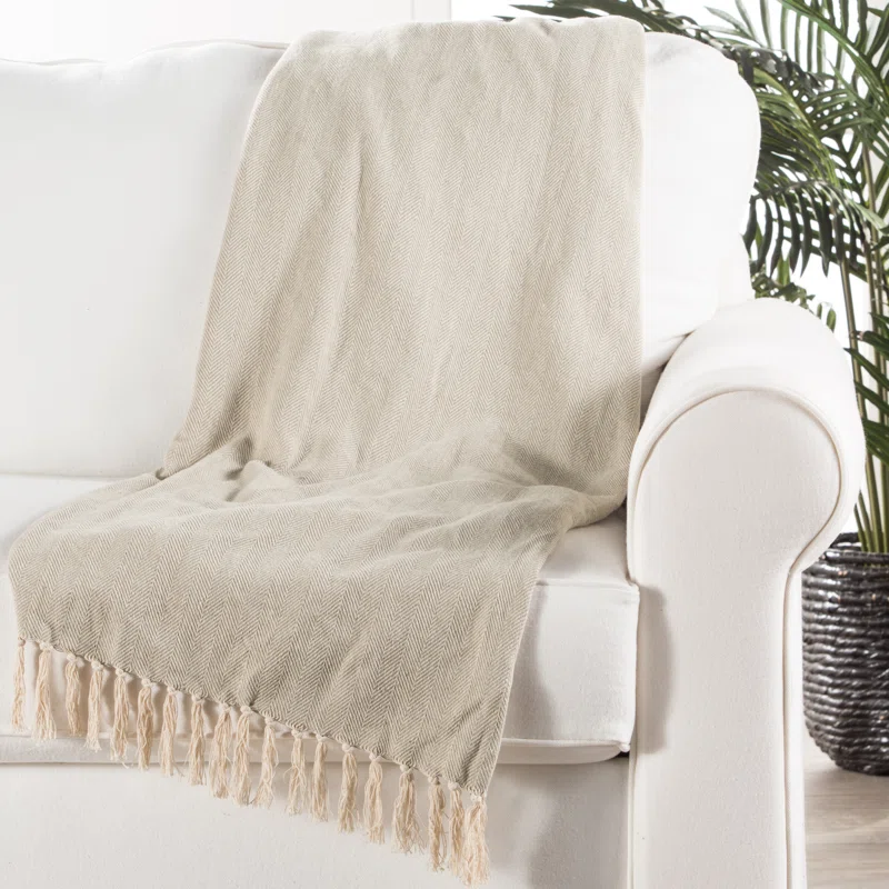 100% COTTON THROW - GREY / CREAM WITH FRINGE