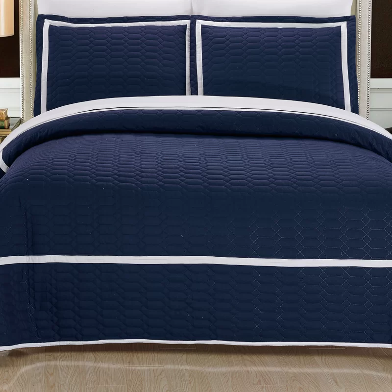 QUILT SET- KING NAVY WITH WHITE STRIPE