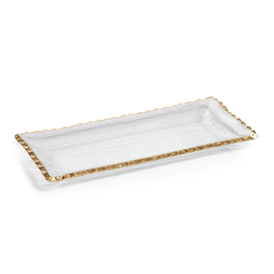 CLEAR TEXTURED RECTANGULAR TRAY WITH JAGGED GOLD RIM - MEDIUM