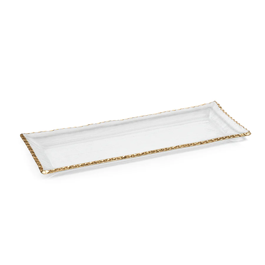 CLEAR TEXTURED RECTANGULAR TRAY WITH JAGGED GOLD RIM - LARGE