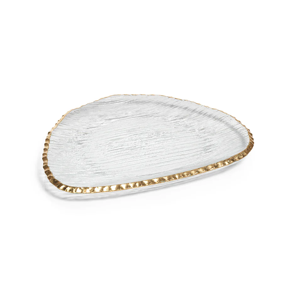 CLEAR TEXTURED ORGANIC SHAPE PLATE WITH JAGGED GOLD RIM - LARGE