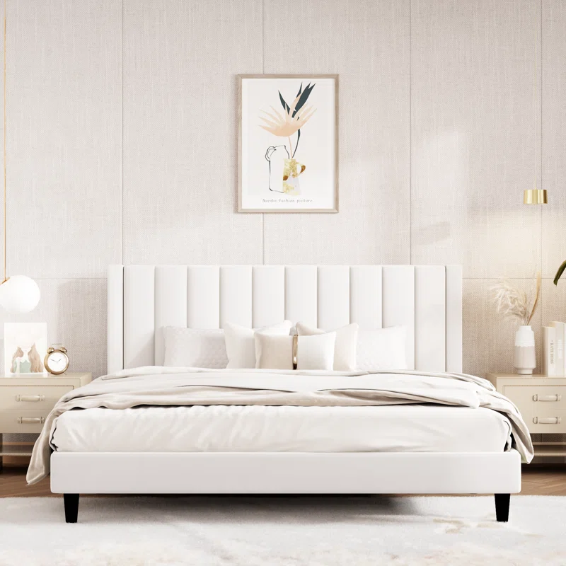 UPHOLSTERED PLATFORM BED WITH VELVET VERTICAL CHANNEL TUFTING- QUEEN WHITE