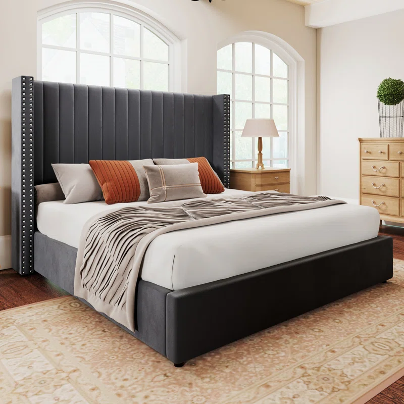 PANEL UPHOLSTERED WINGBACK STORAGE BED (KING/GRAY)