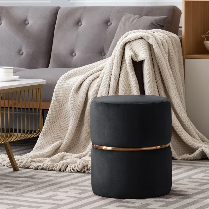 BLACK WITH GOLD INLAY VELVET OTTOMAN