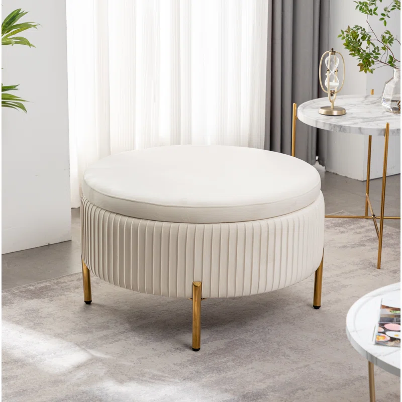 PLEATED UPHOLSTERED ROUND STORAGE OTTOMAN