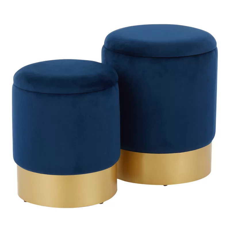 NAVY AND GOLD VELVET STORAGE OTTOMAN LARGE