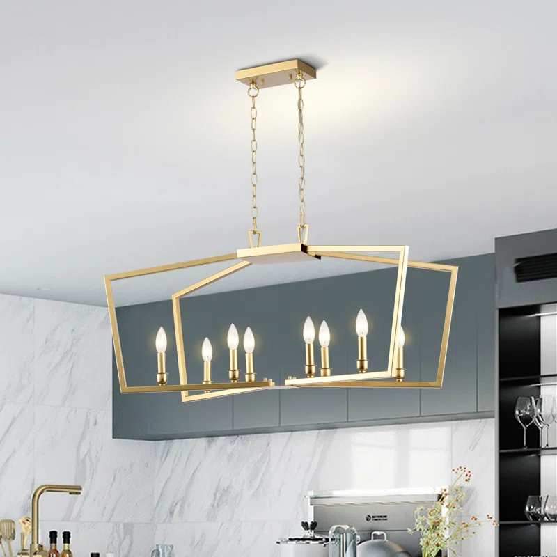 8 - LIGHT DIMMABLE SQUARE / RECTANGLE CHANDELIER GOLD GEOMETRIC