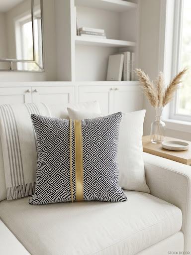 20X20 NAVY GREEK KEY W/GOLD TRIM PILLOW