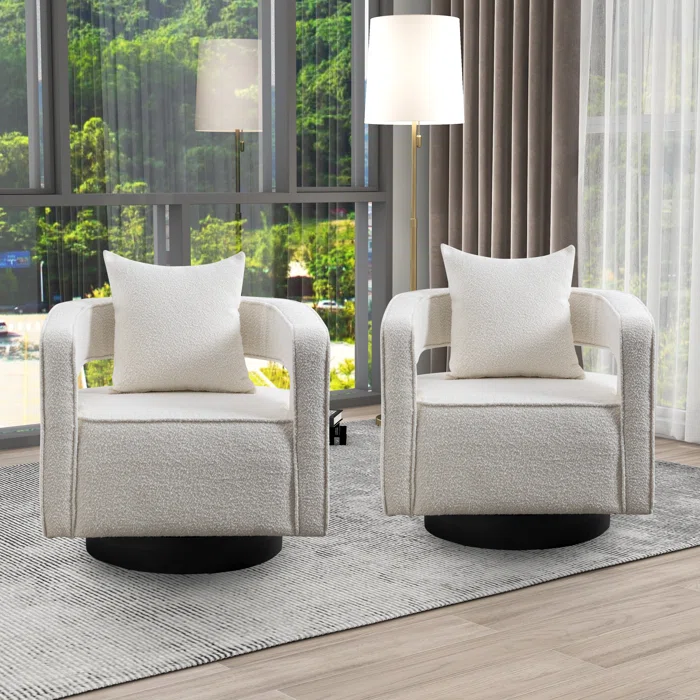 UPHOLSTERED SWIVEL BARREL CHAIRS WITH PILLOWS - IVORY