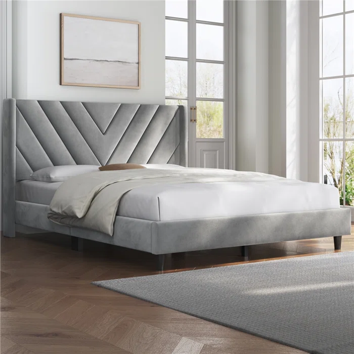 Upholstered Wingback Bed-Queen Size ( Light Gray)
