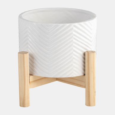 12" CERAMIC CHEVRON PLANTER W/ WOOD STAND, WHITE