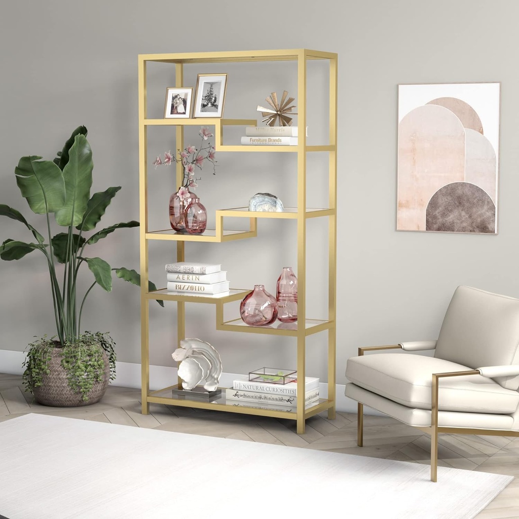 68X34" RECTANGULAR BOOKCASE IN BRASS WITH GLASS SHELVES