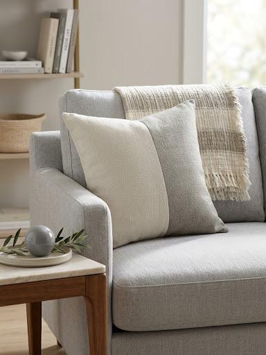 20X20 PERFORMANCE FABRIC GRAY AND BEIGE COLORBLOCK PILLOW 